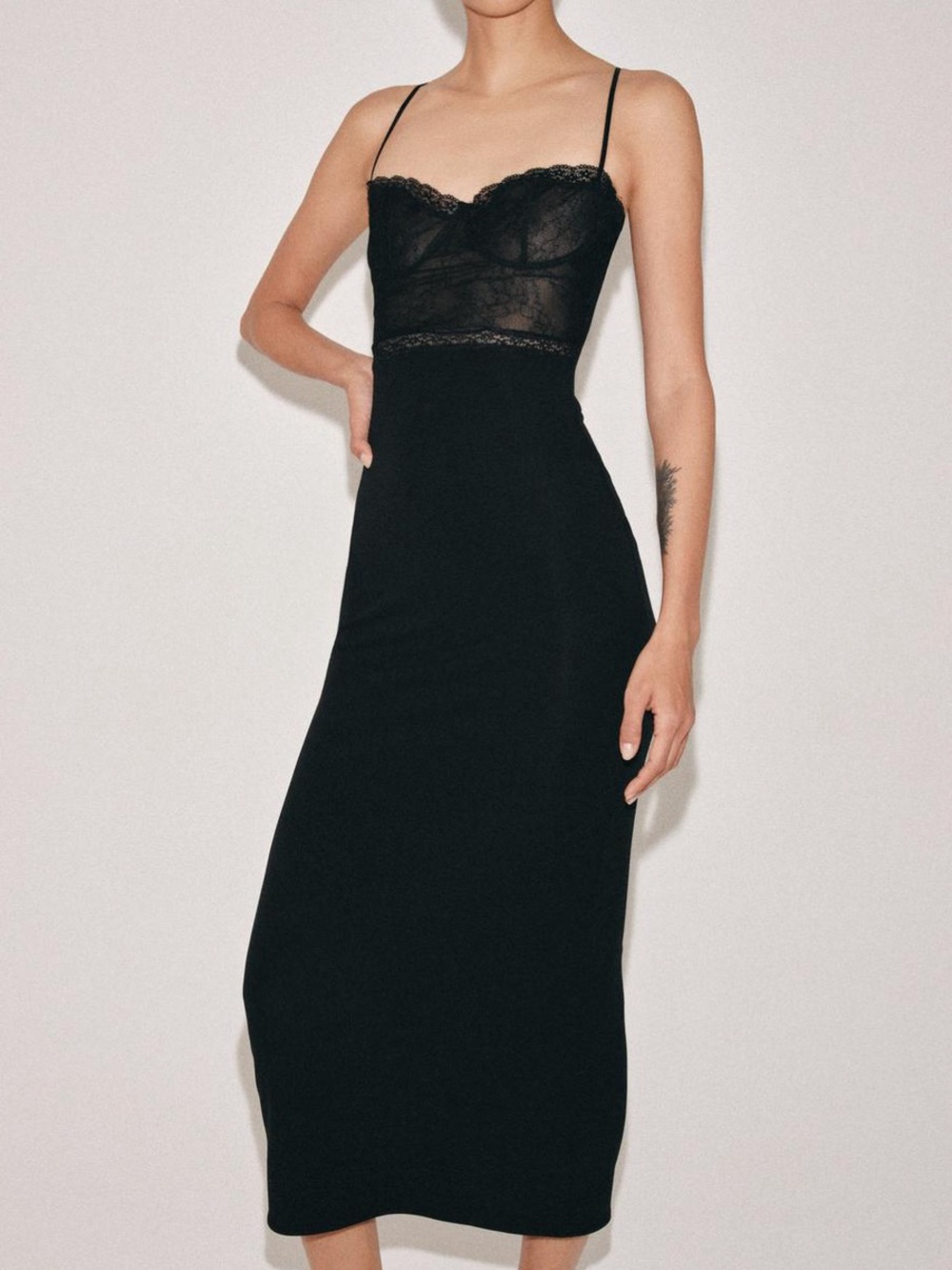 Zara Lace-Detail Black Slip Midi Dress